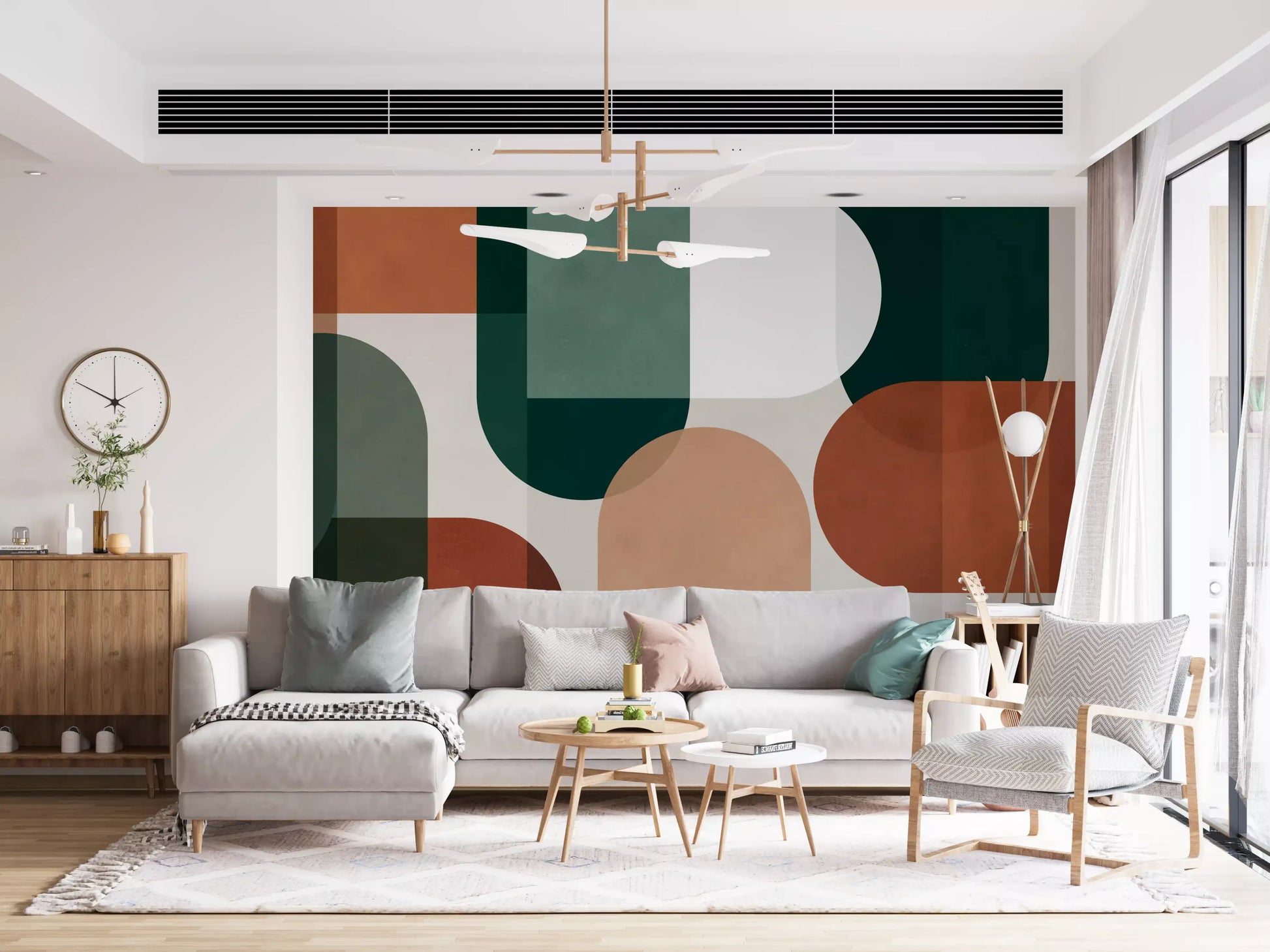 Earthy geometry wall mural with forest green blocks and warm rust sections