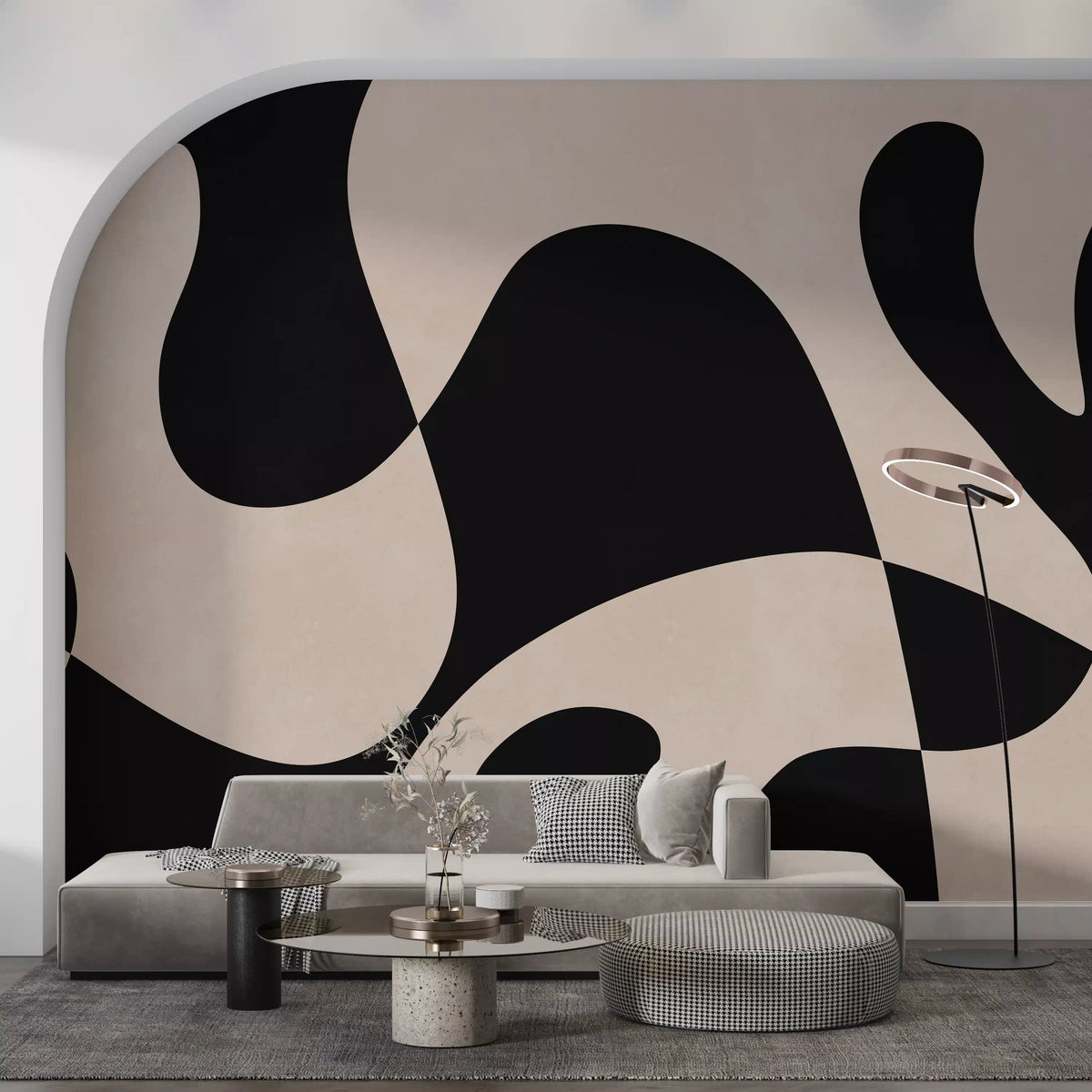 Living room Organic Flow Monochromatic Wall Mural with sweeping black curves