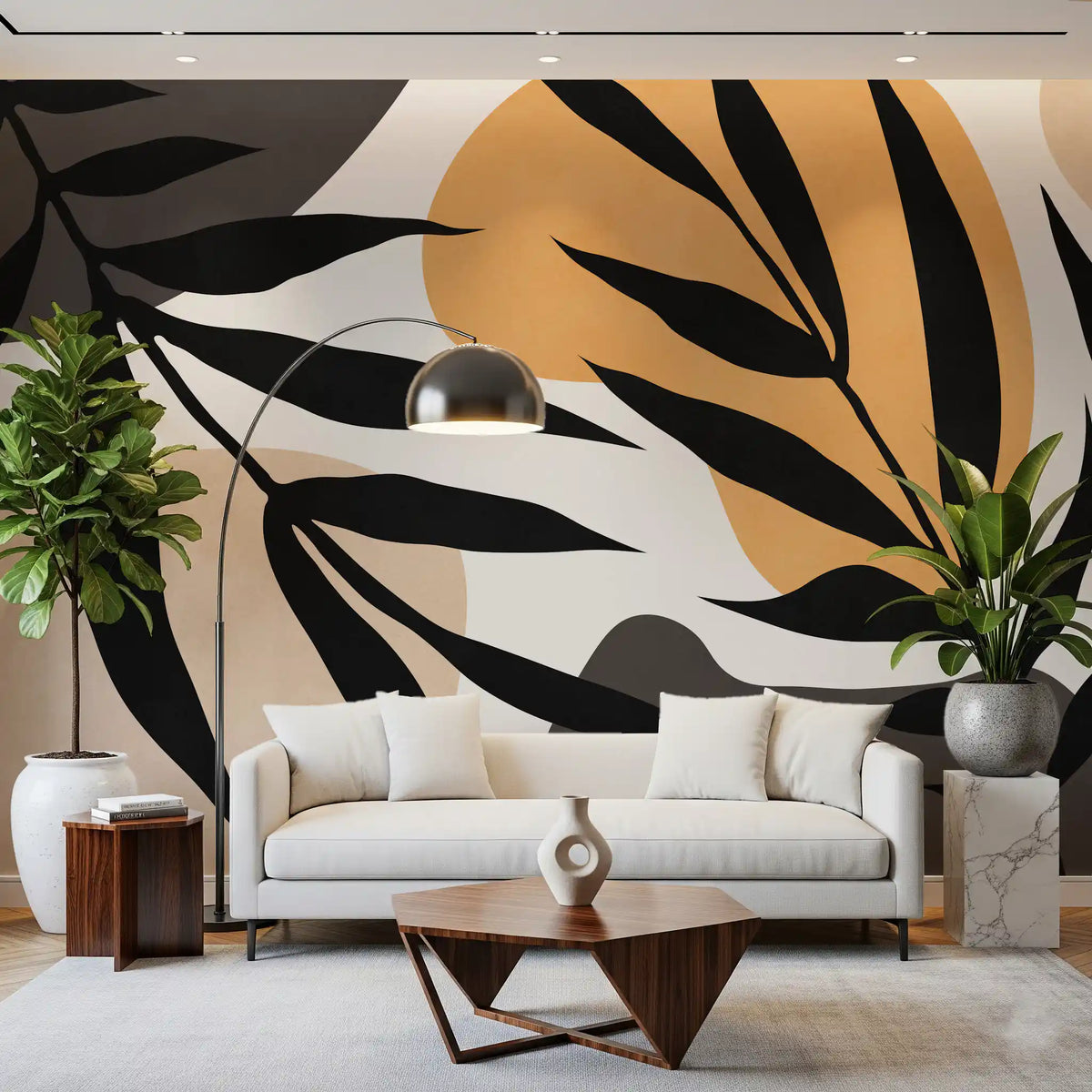 Office room Organic Silhouette Art Wall Mural with black leaves and ochre shapes