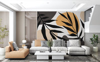 Living room wall mural showing Organic Silhouette leaf forms on a soft neutral base
