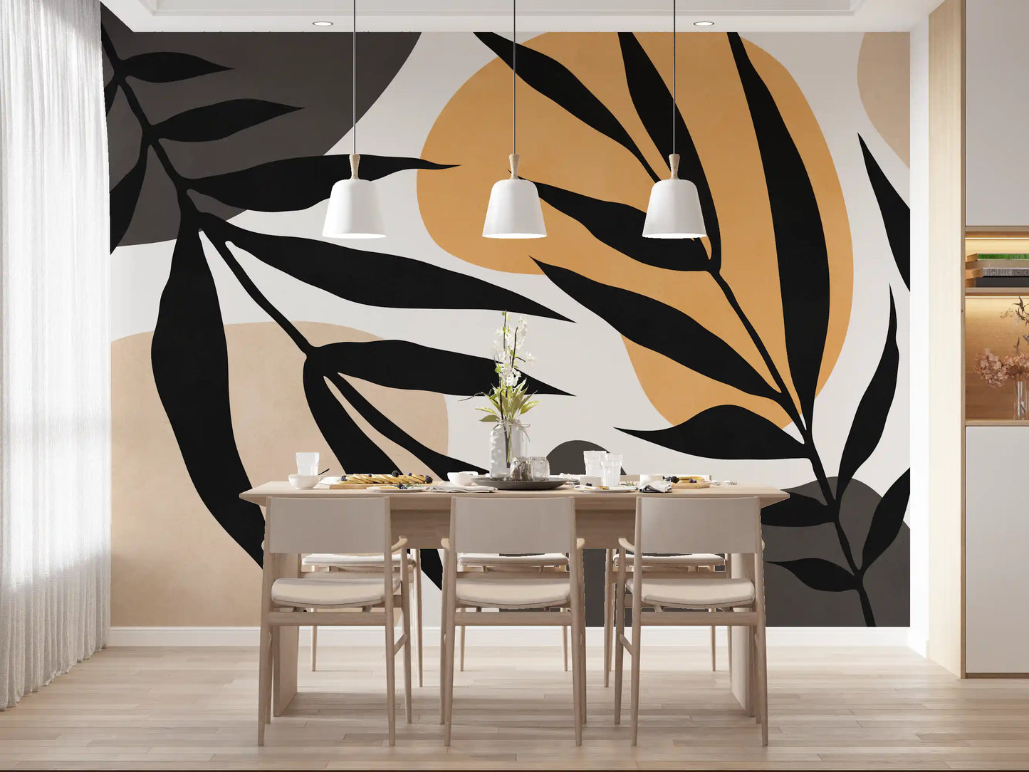 Organic Silhouette wall mural with flowing leaf shapes and neutral colour contrast