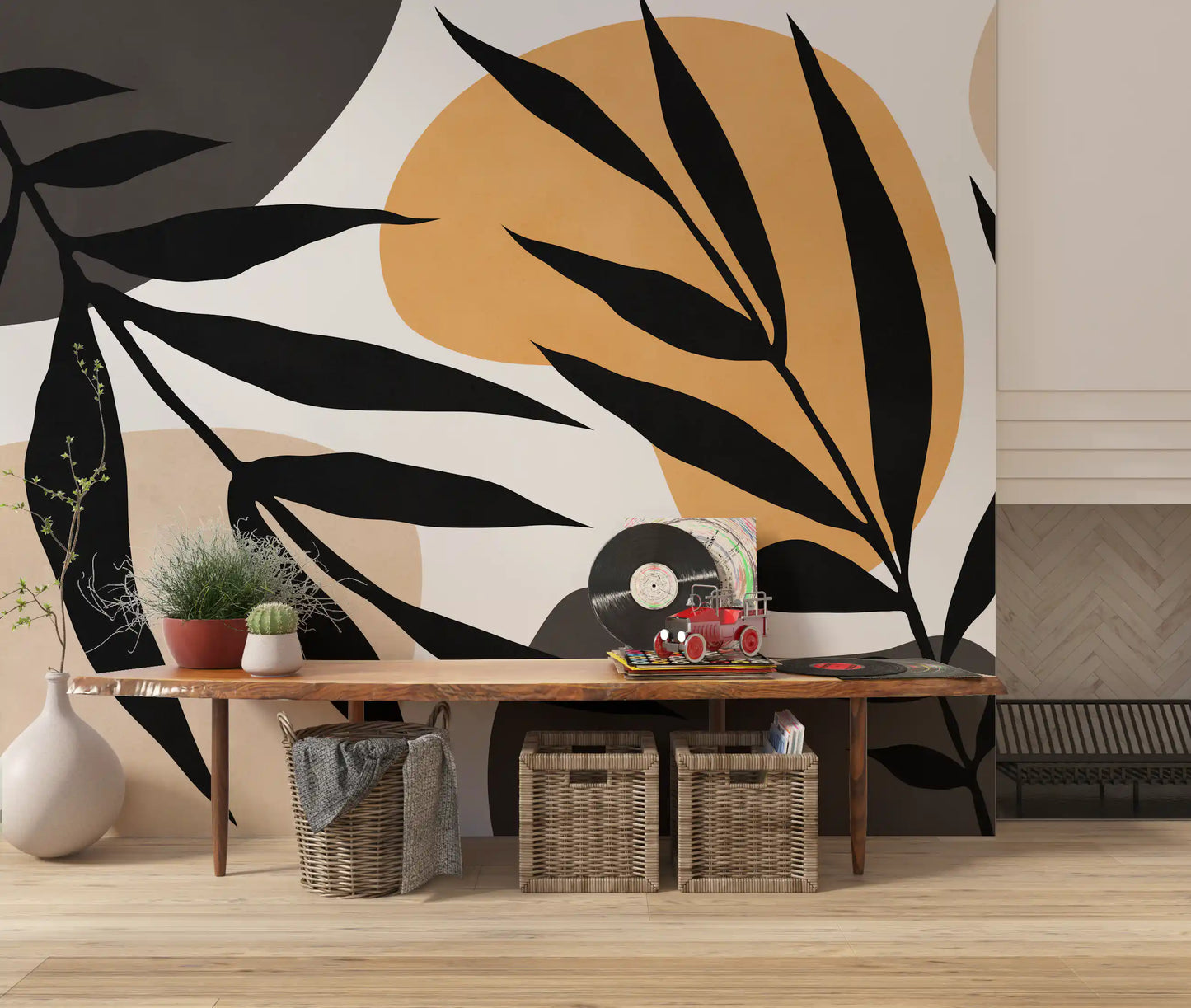 Home Organic Silhouette Art Wall Mural with bold foliage and cream spacing