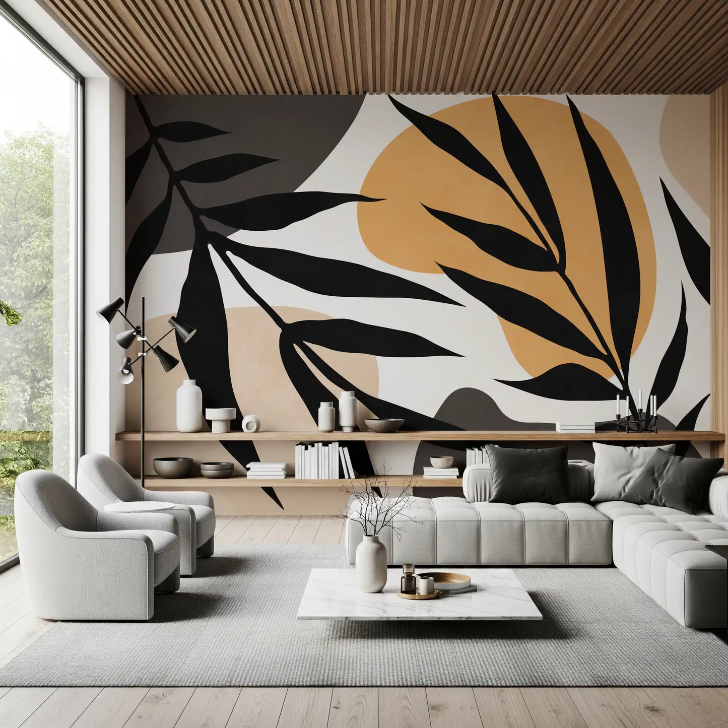 Living room wall mural with dark leaf silhouettes and rounded ochre panels