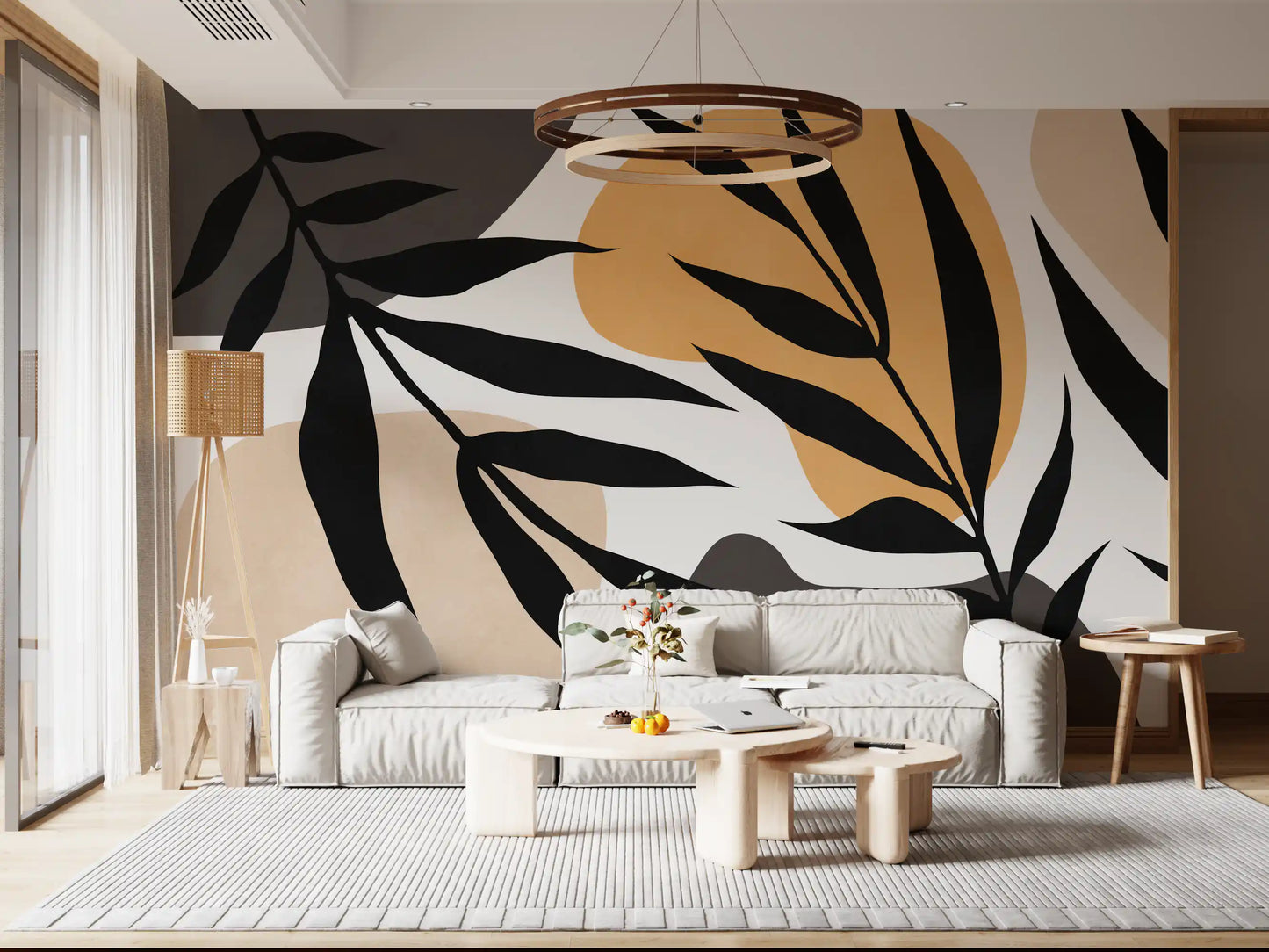 Organic Silhouette Art Wall Mural featuring sweeping black leaves and soft curves