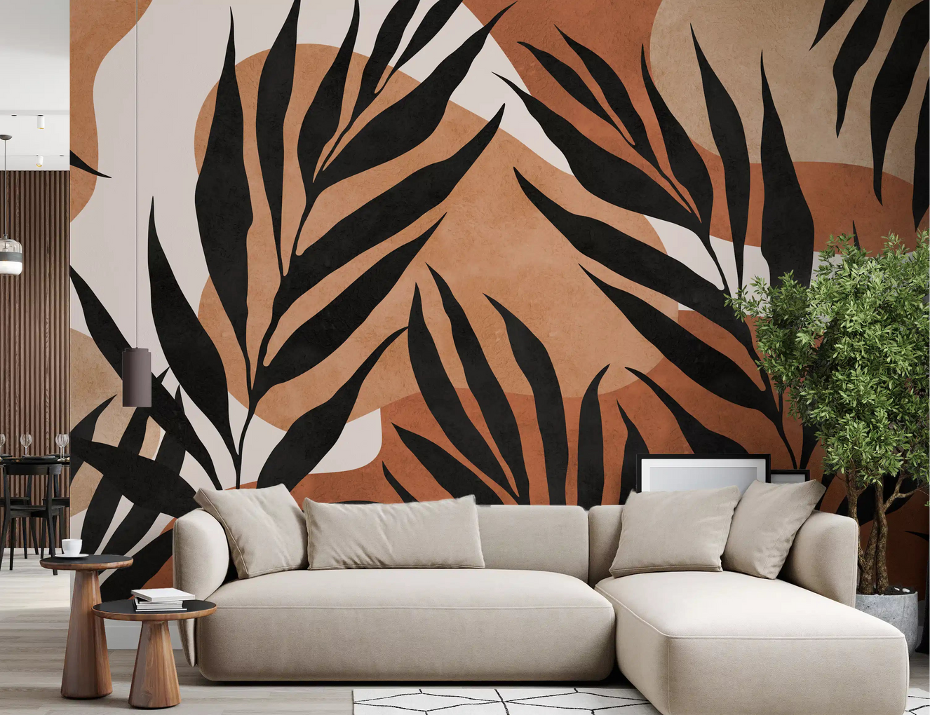 Living room Boho Leaf Flow wall mural with black leaves and clay shapes