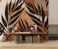 Home Boho Leaf mural with flowing black stems and warm brown forms
