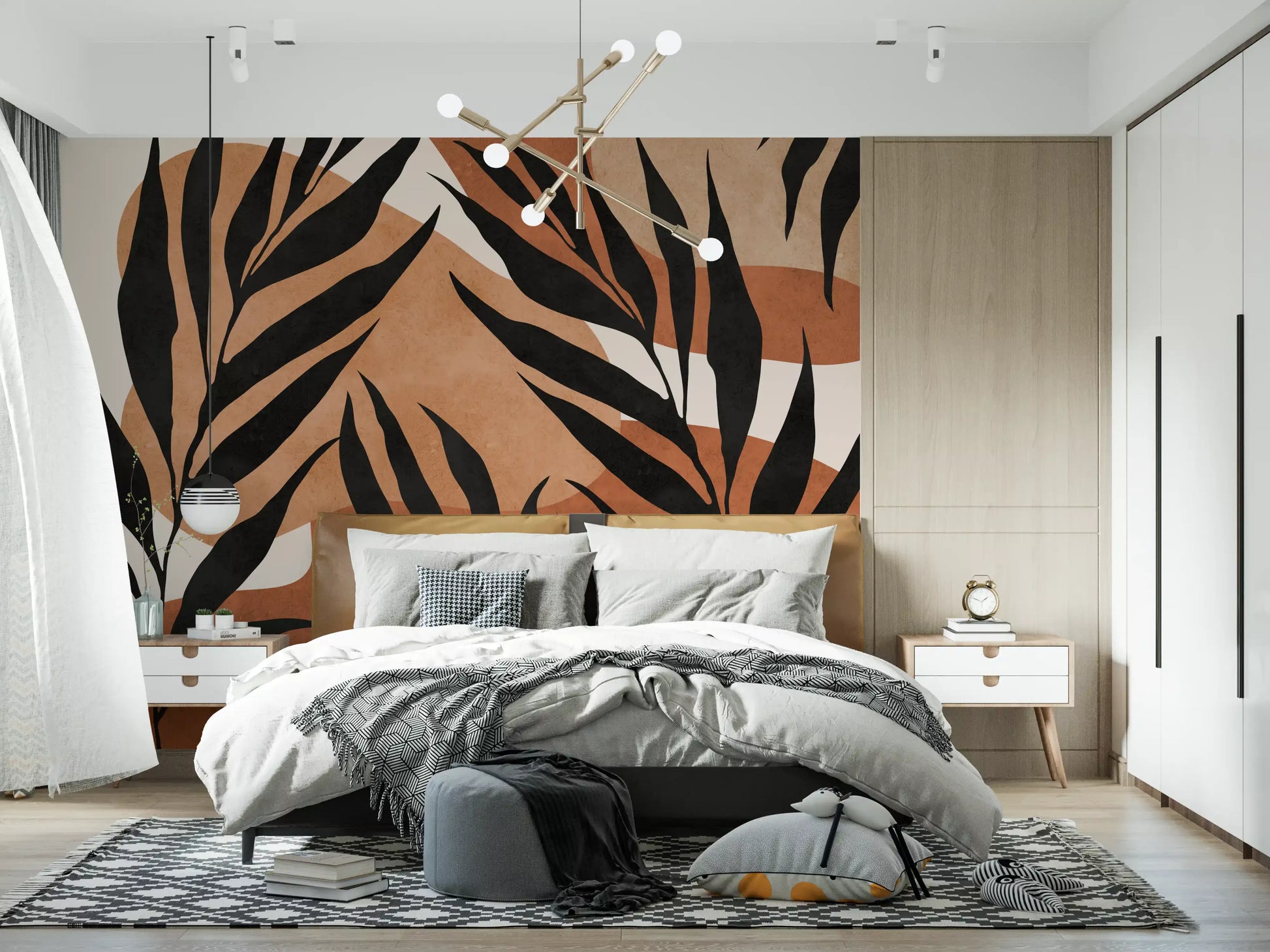 Boho Leaf Flow Wall Mural with black foliage and layered earthy curves