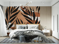 Boho Leaf Flow Wall Mural with black foliage and layered earthy curves