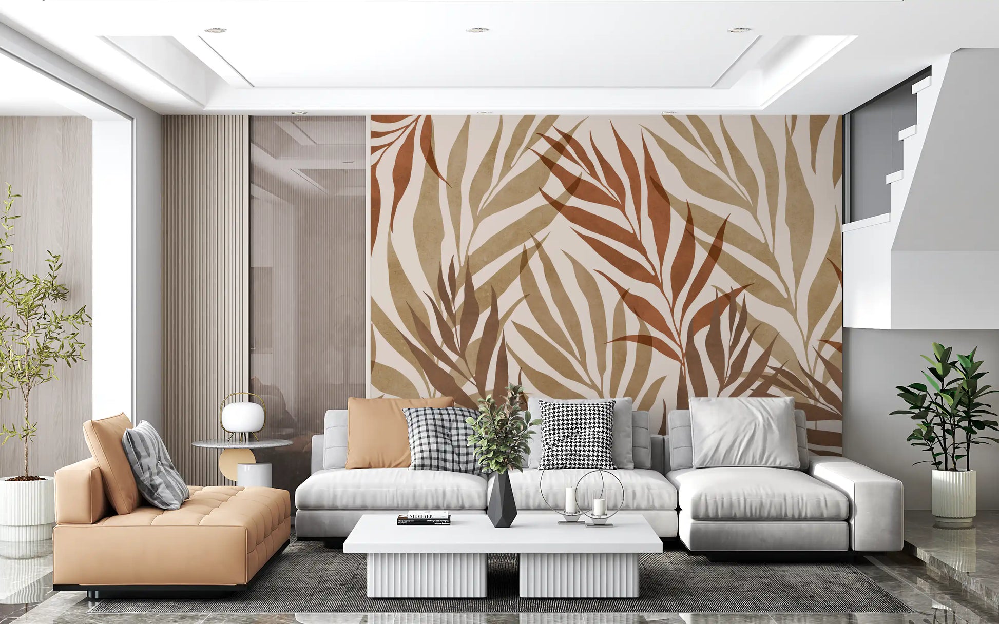 Earthy Botanical Layers Wall Mural with long leaves and beige background