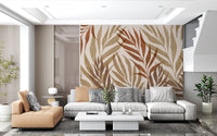 Earthy Botanical Layers Wall Mural with long leaves and beige background