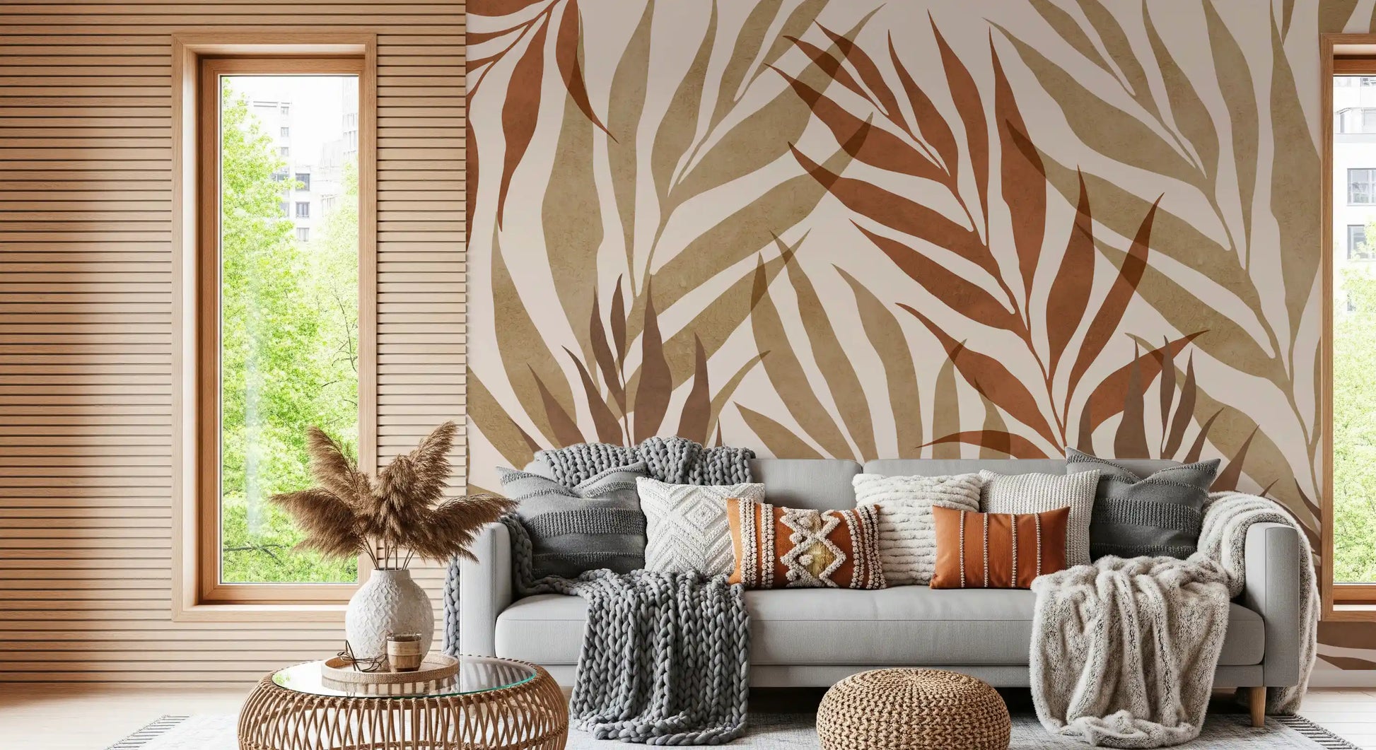 Earthy Botanical Layers mural with natural leaf rhythm and cream base