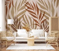 Earthy foliage mural with flowing plant forms and soft neutral contrast