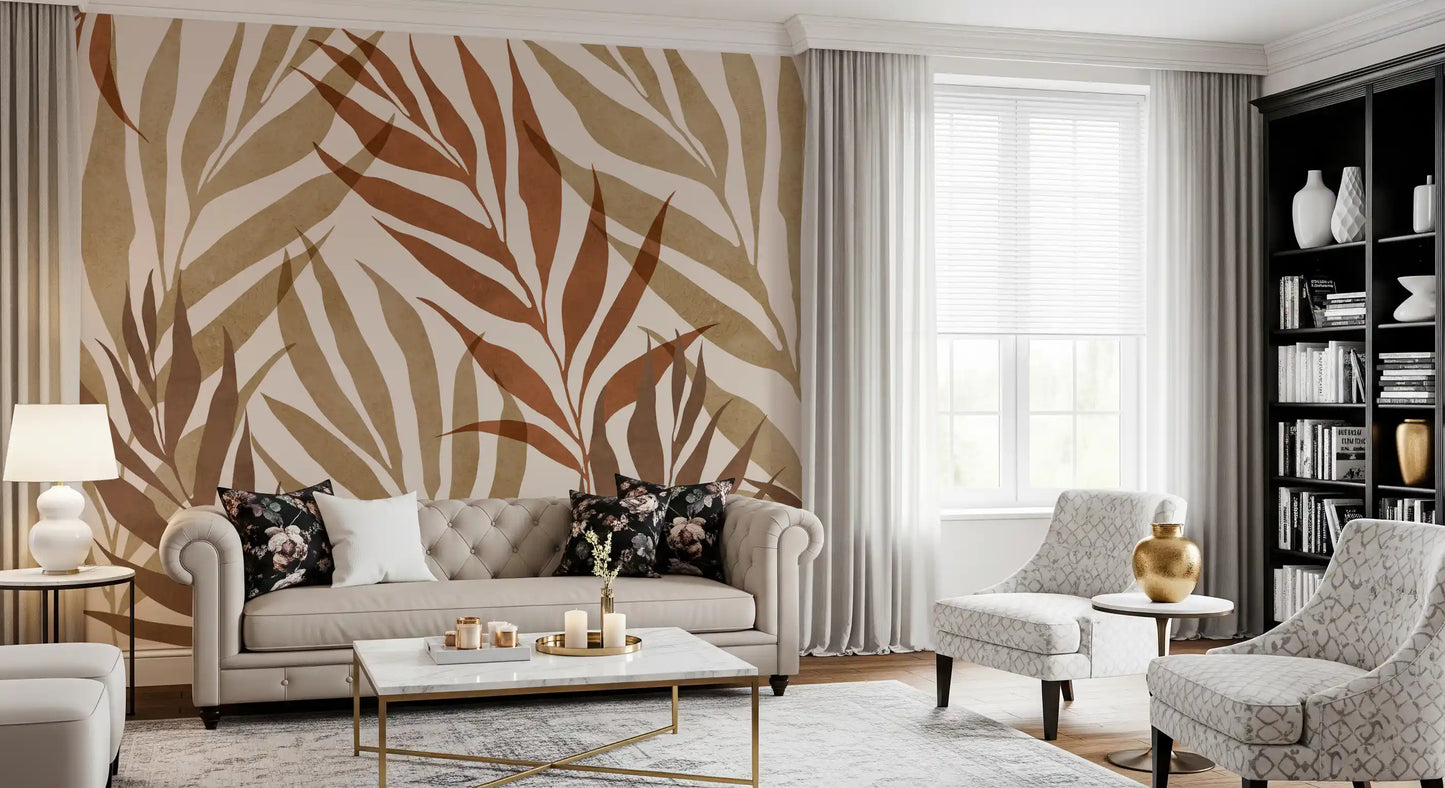 Living room Earthy Leaf wall mural featuring layered stems and soft movement