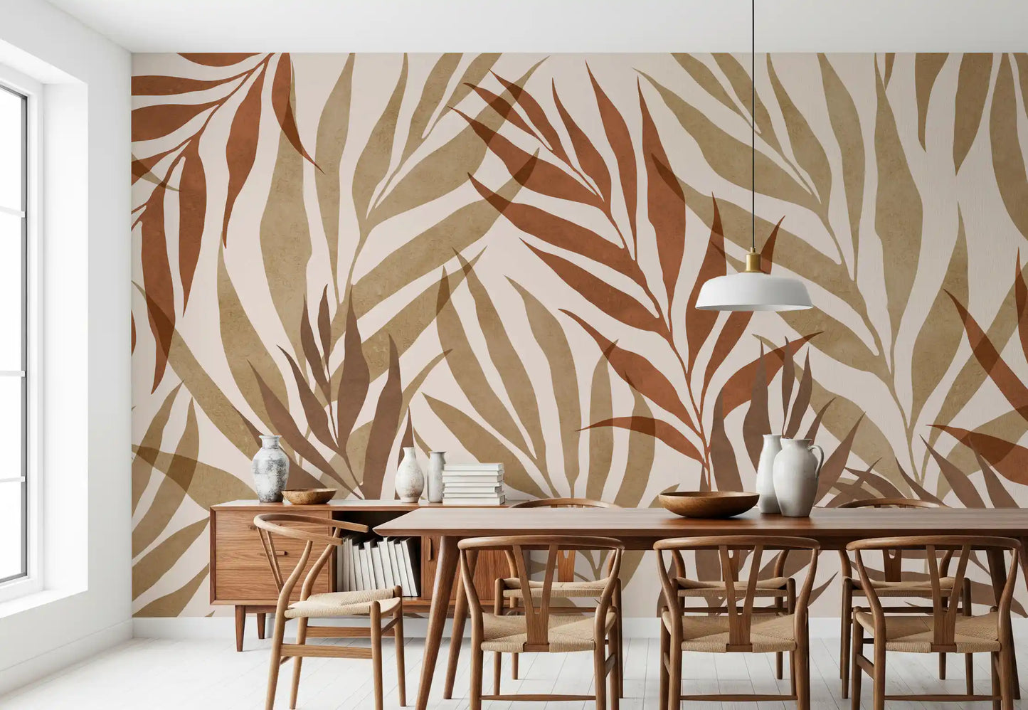Botanical leaf wall mural showing brown foliage and calm layered texture