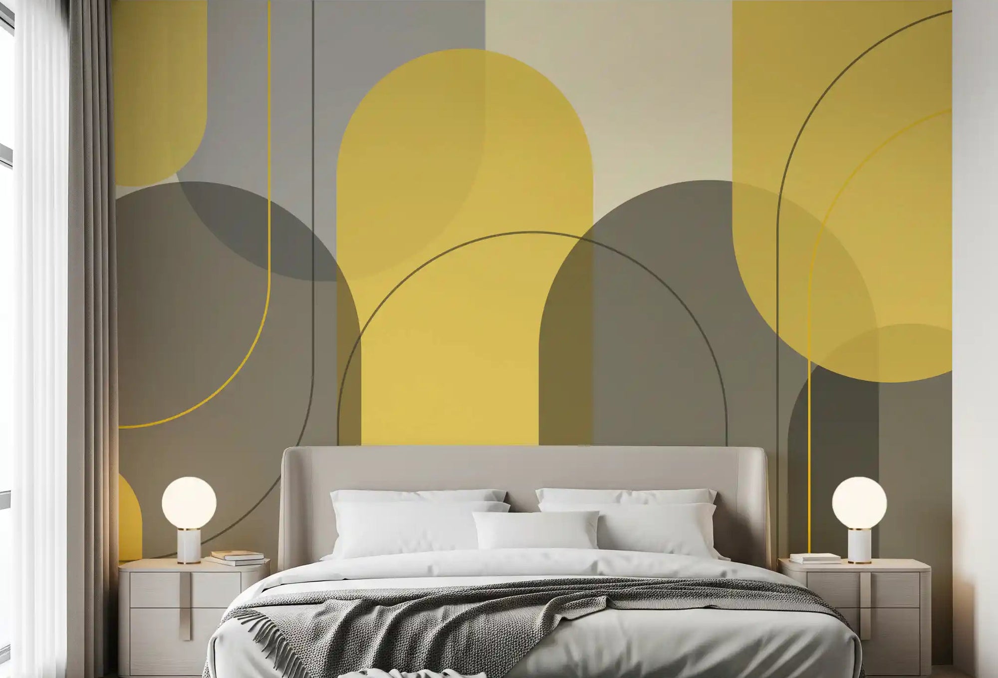 Bedroom Sunstone Archways wall mural with warm arches and charcoal shapes