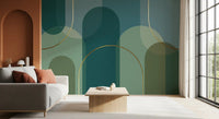 Hallway wall mural featuring Emerald tones and soft sage arch panels