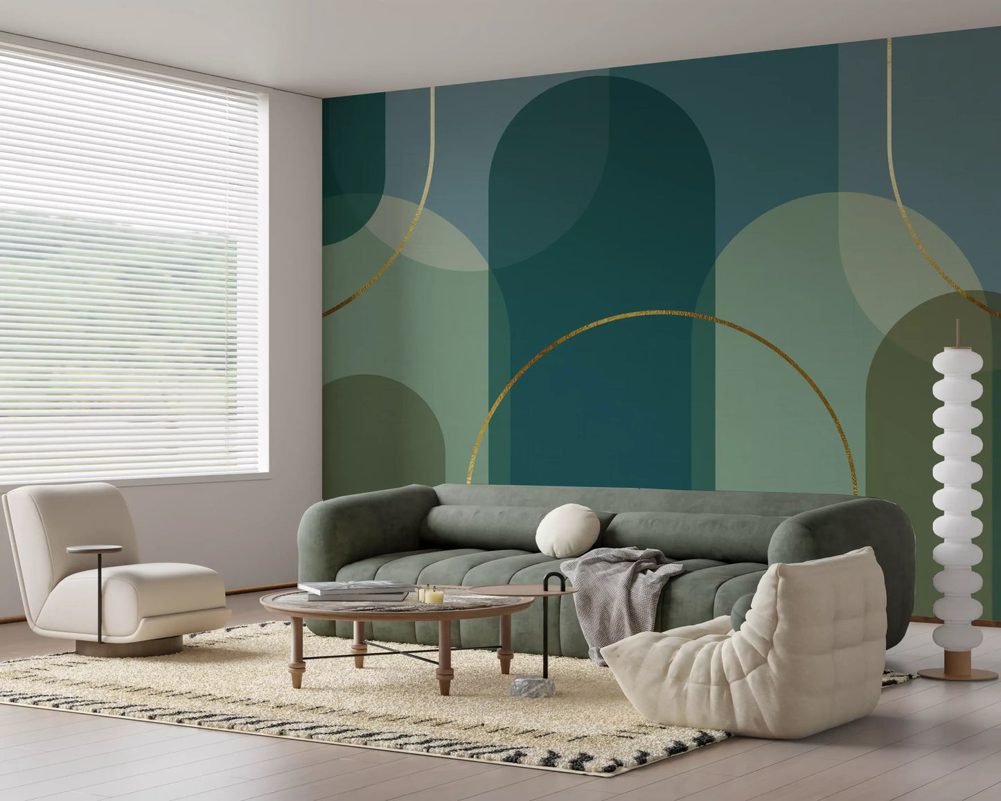 Abstract wall mural with deep green arches and Bronze Curves detail