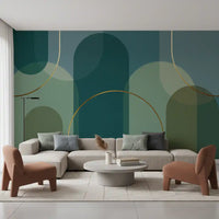 Living room wall mural with Emerald Arches and bronze curved detail