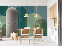 Dining room mural showing Bronze Curves across layered green arch forms
