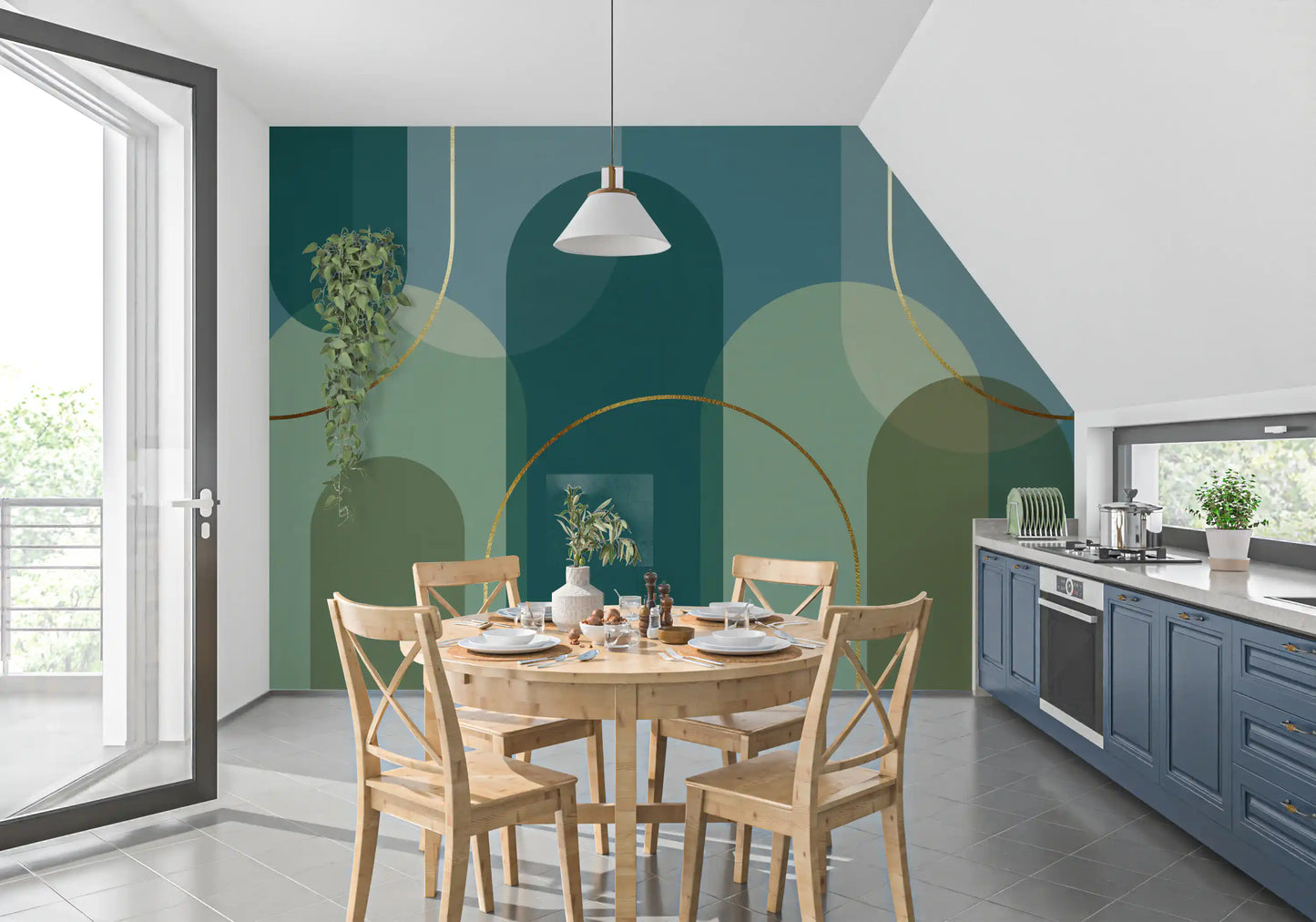 Geometric mural design showing bronze linework and layered green forms