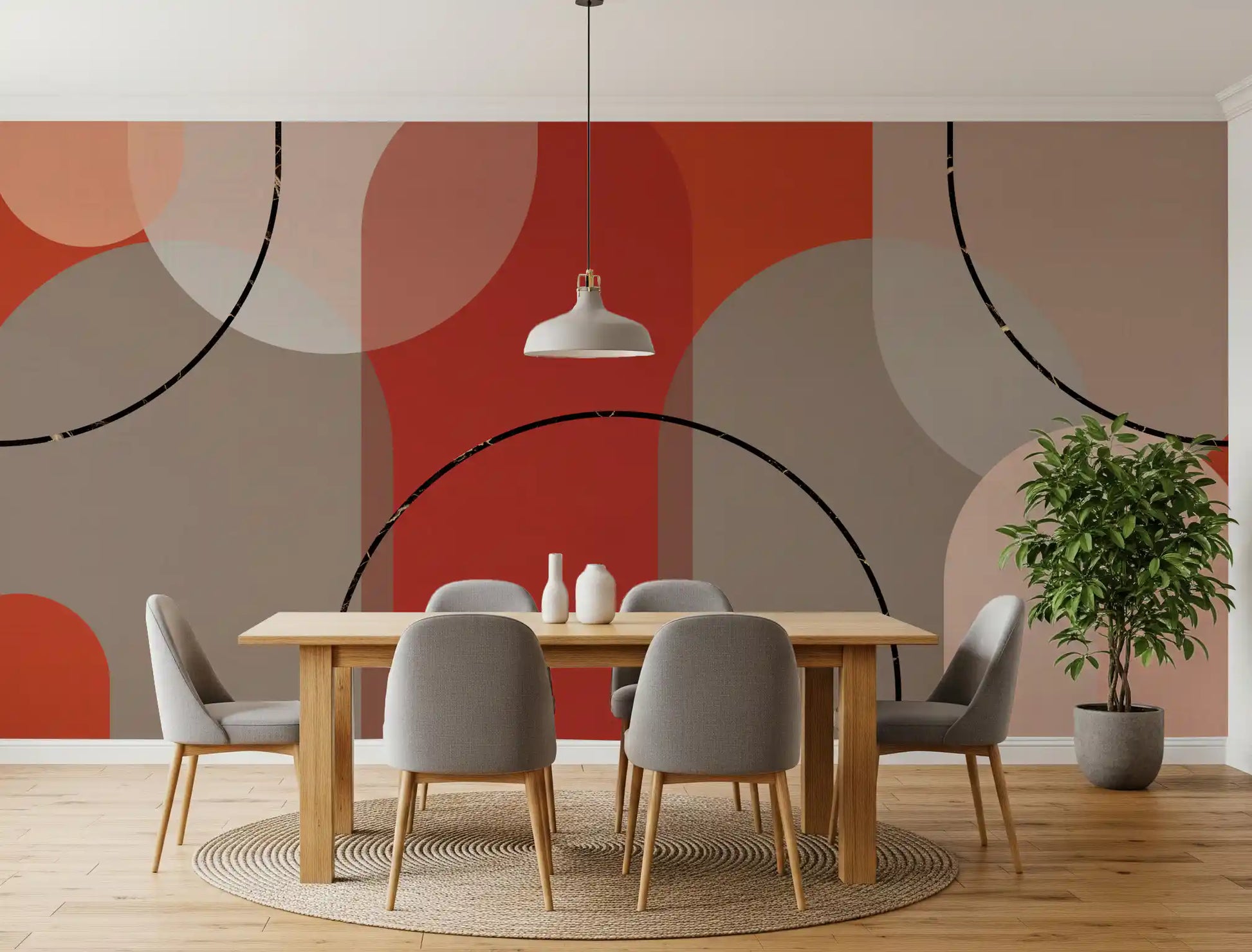 Dining room wall mural using bold earthen tones and rounded curve detail