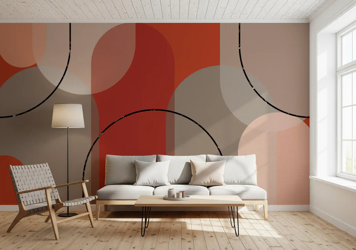 Hallway wall mural showing earthen curves with warm red and blush layers