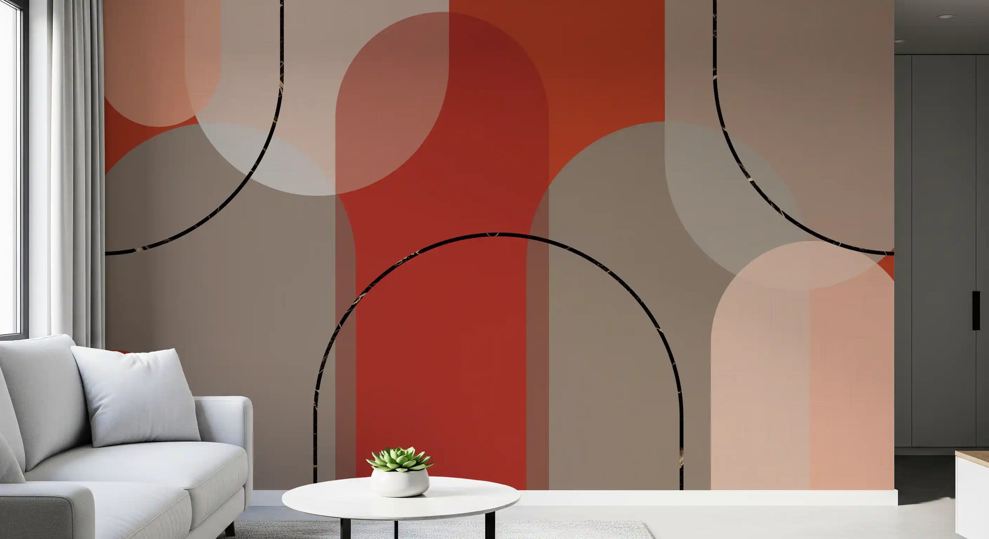 Warm earthen wall mural carrying bold linework and layered arch movement
