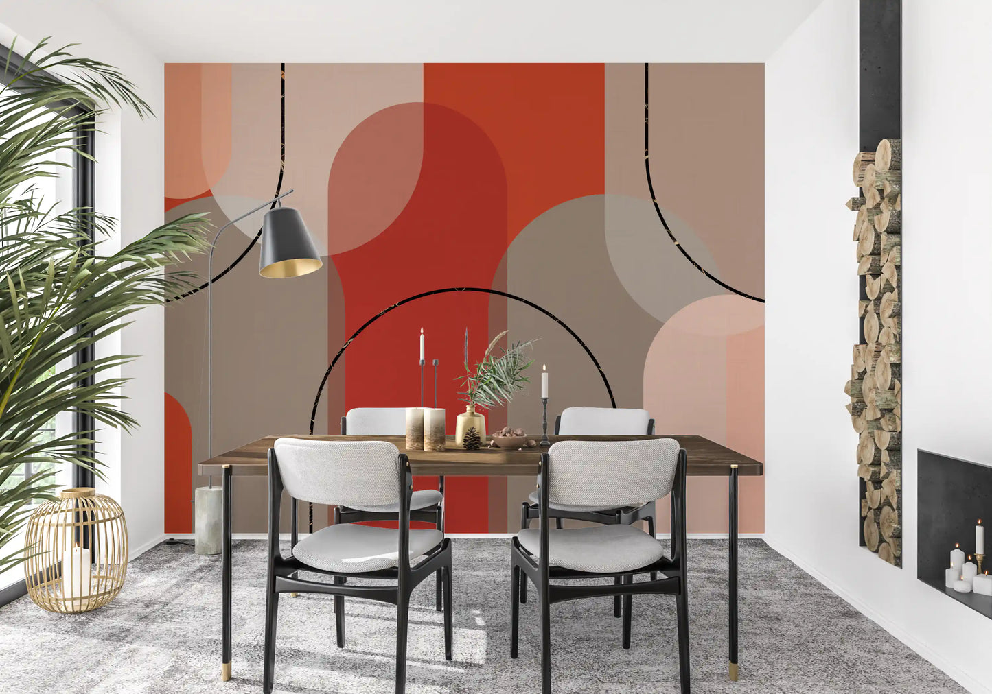 Abstract wall mural with terracotta arches and soft beige curved overlays