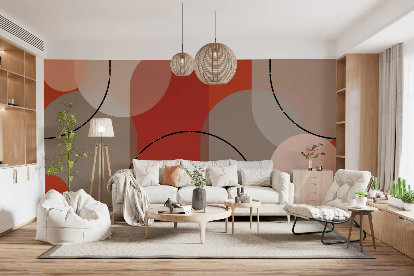 Living room wall mural with bold earthen arches and curved terracotta forms