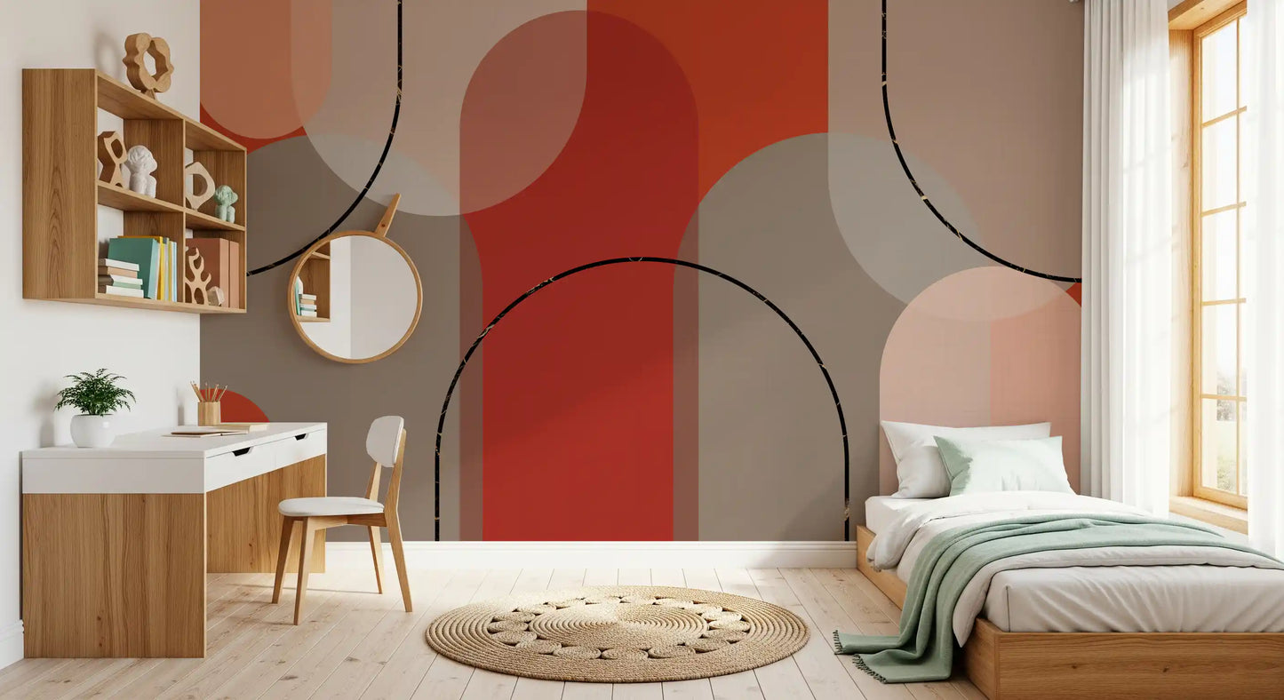 Study room wall mural with earthen curve styling and layered arch shapes