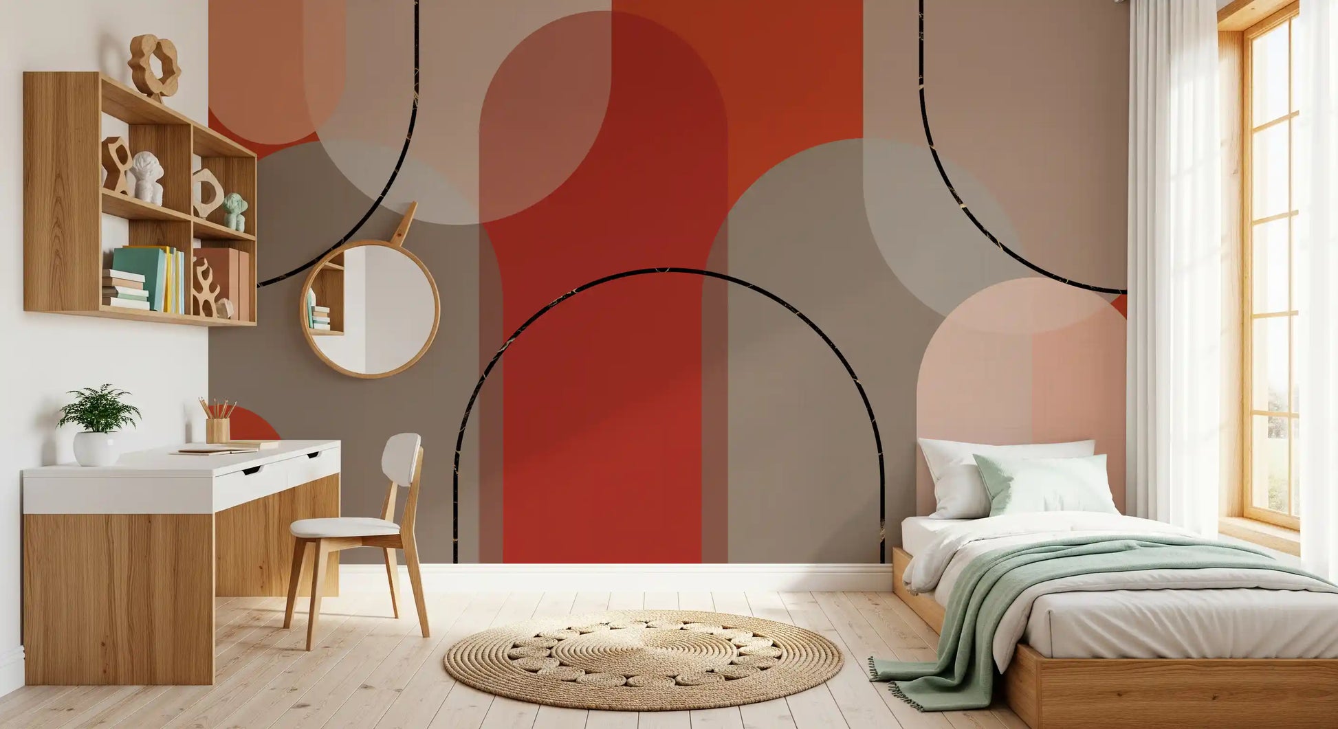 Study room wall mural with earthen curve styling and layered arch shapes