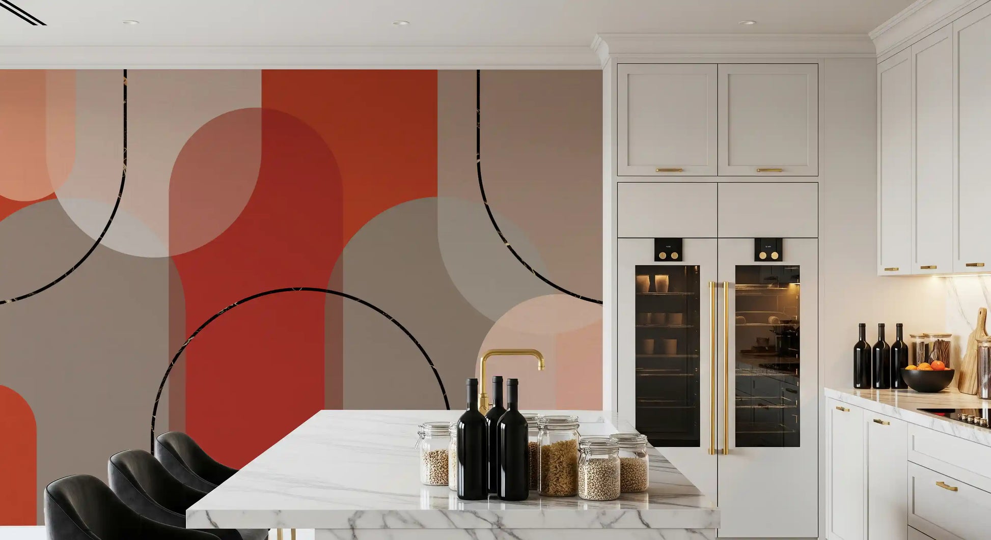 Bold curve wall mural featuring layered arches and soft transparent forms