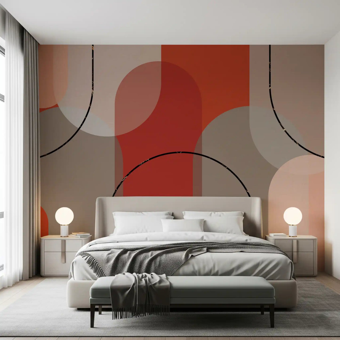 Bedroom wall mural featuring bold arches and dark curved abstract lines