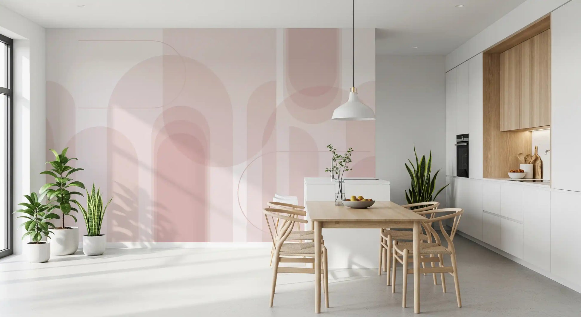 Custom wall mural with Blush Arc Flow pattern on a light neutral base