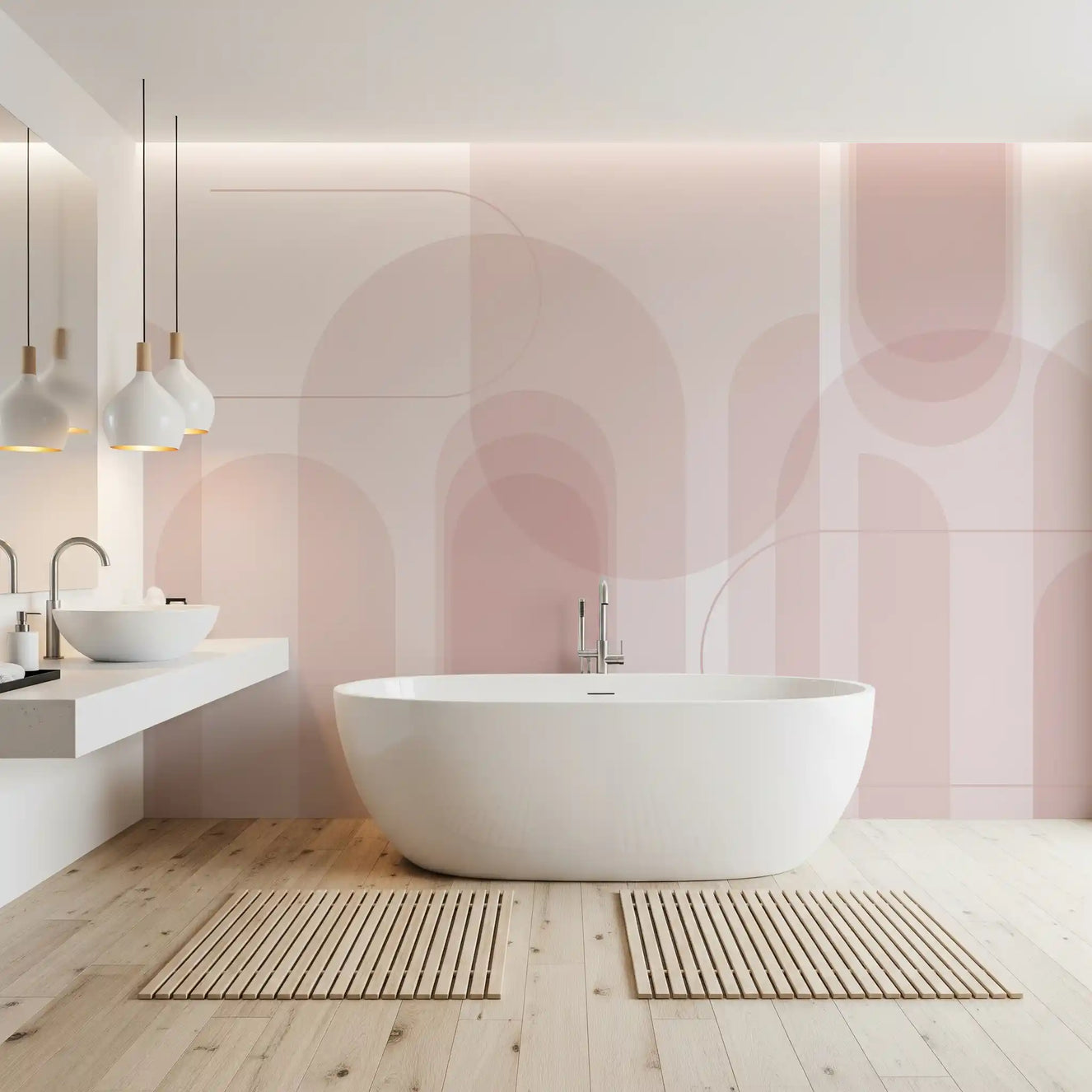Bathroom wall mural with Blush, Arc, and Flow pink arch styling