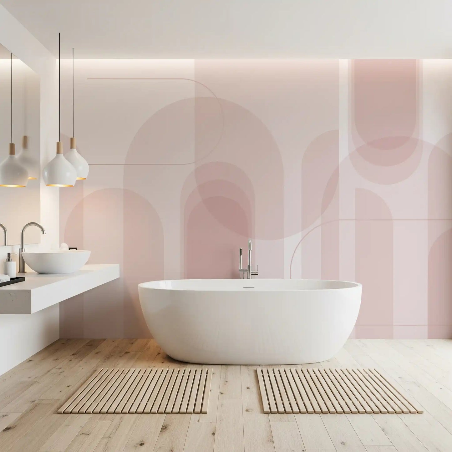 Bathroom wall mural with Blush, Arc, and Flow pink arch styling