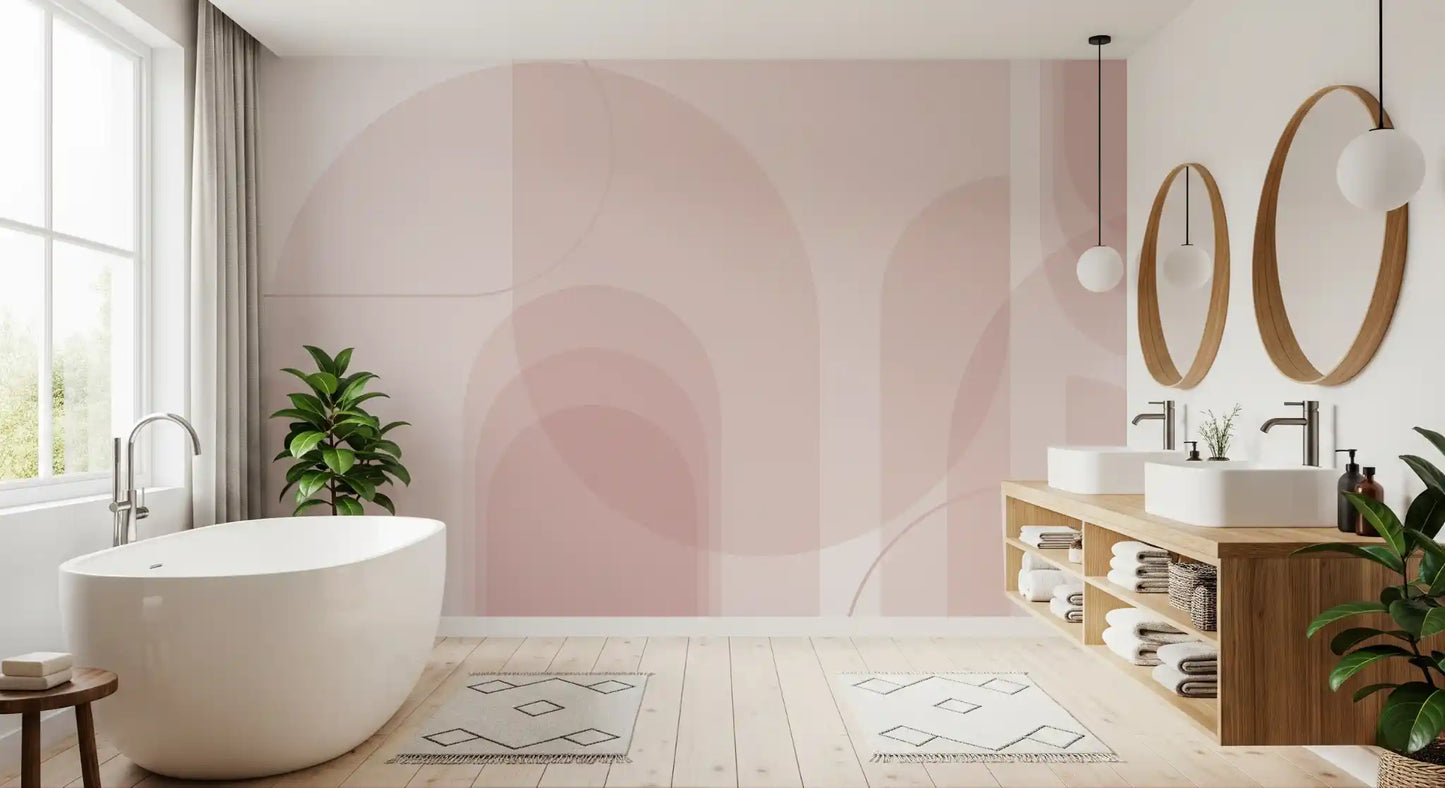 Bathroom wall mural using Blush Arc Flow pattern and pale pink layers