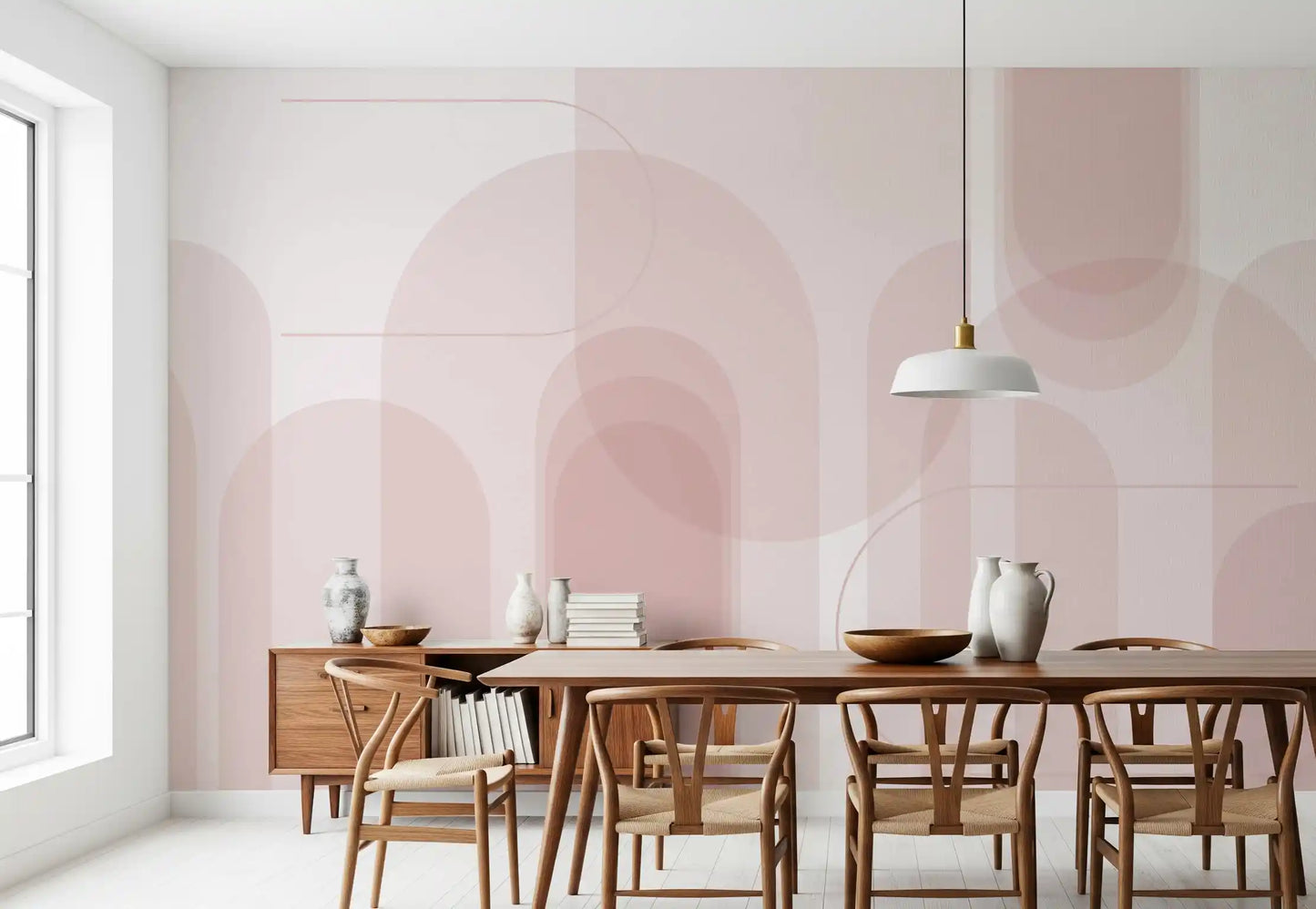 Dining room mural with Blush Flow arches and rounded Arc forms