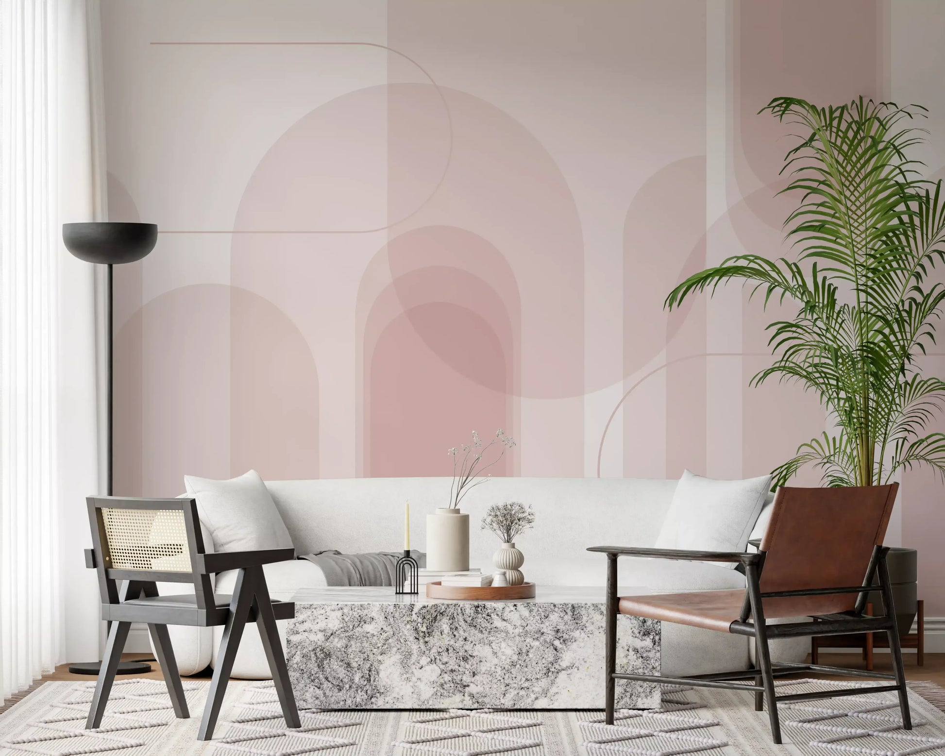 Hallway wall mural featuring Arc Flow curves and Blush pink tones