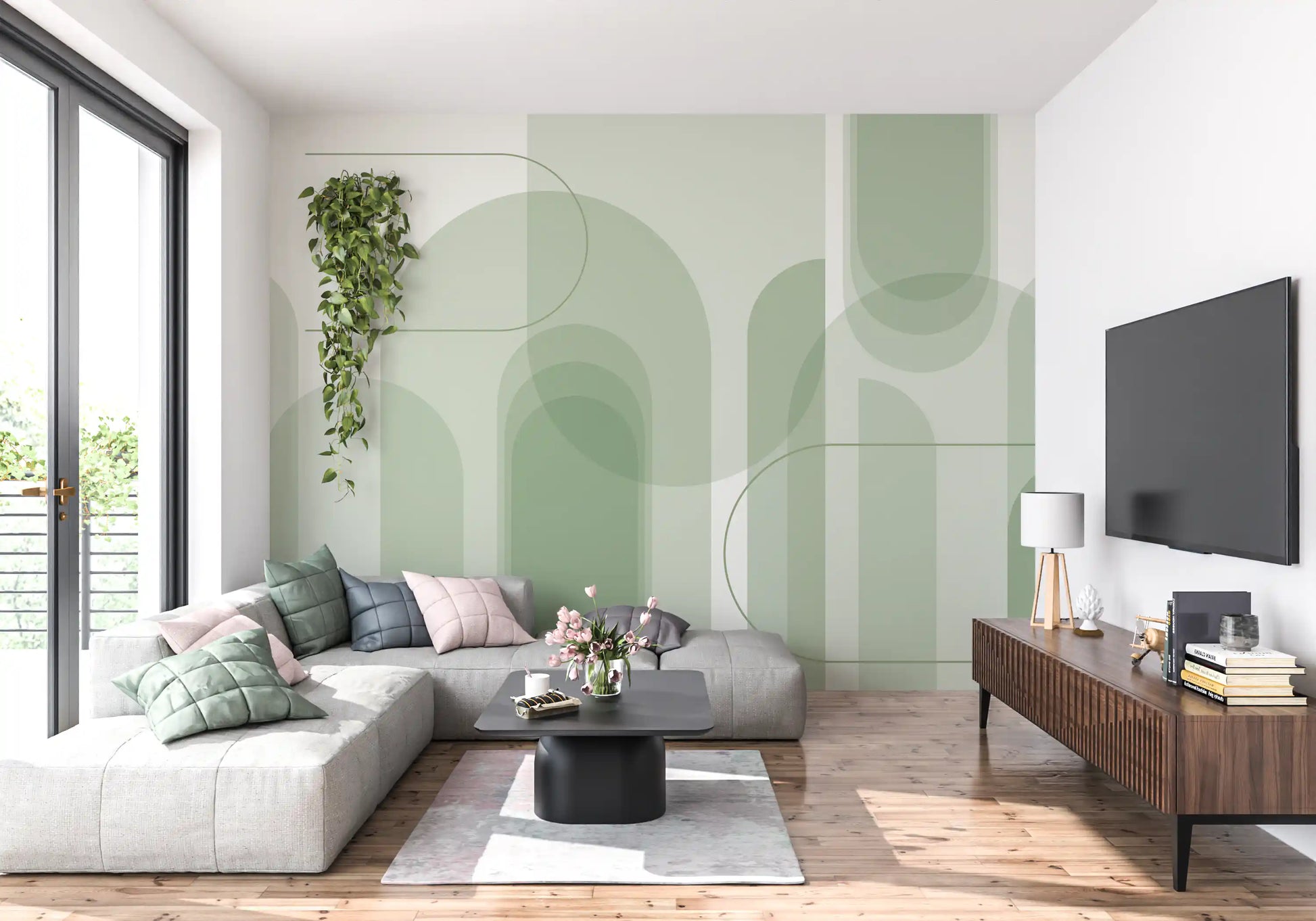 Living room sage arch wall mural featuring calm geometry and layered green forms
