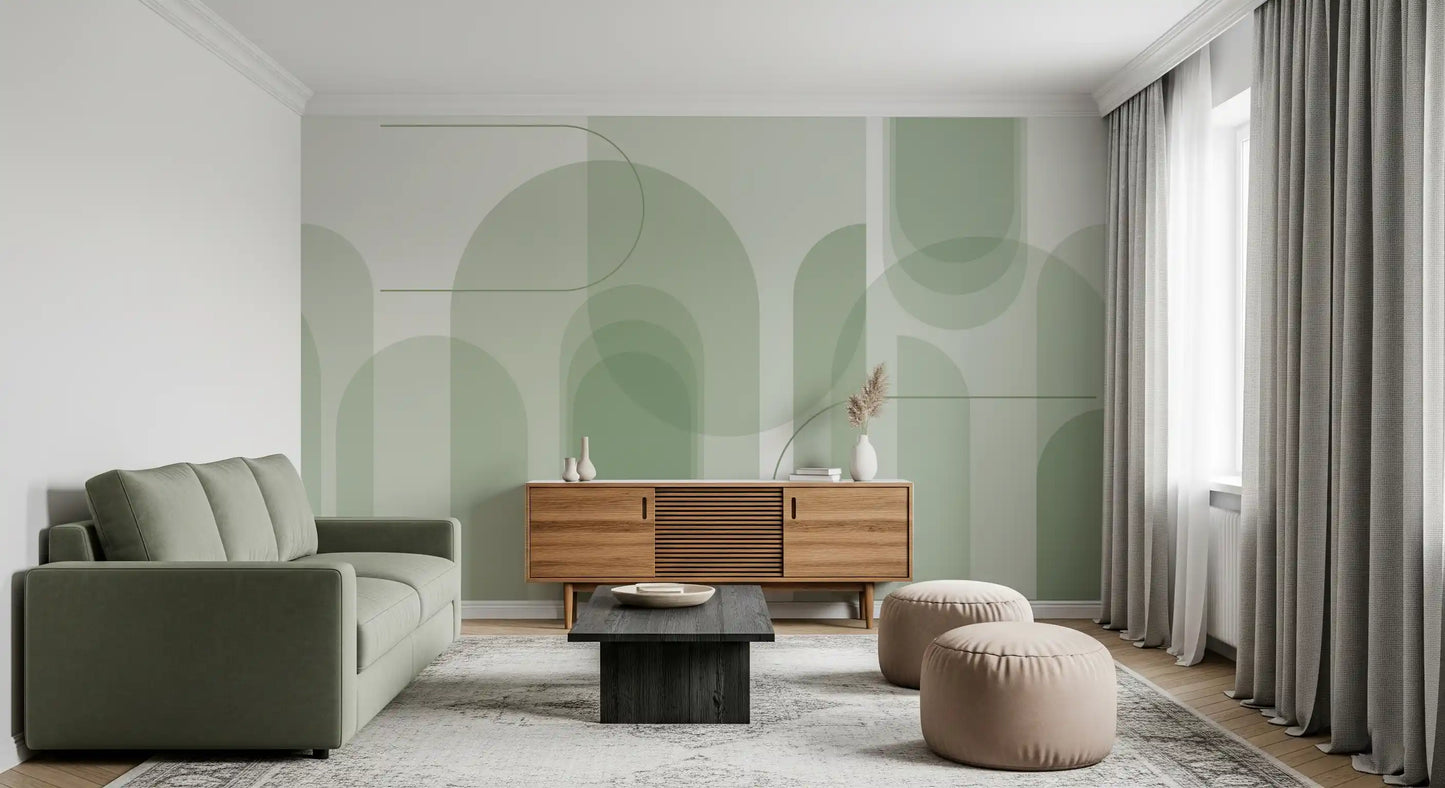 Living room Sage Serenity Arches wall mural with soft green architectural panels
