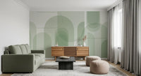 Living room Sage Serenity Arches wall mural with soft green architectural panels
