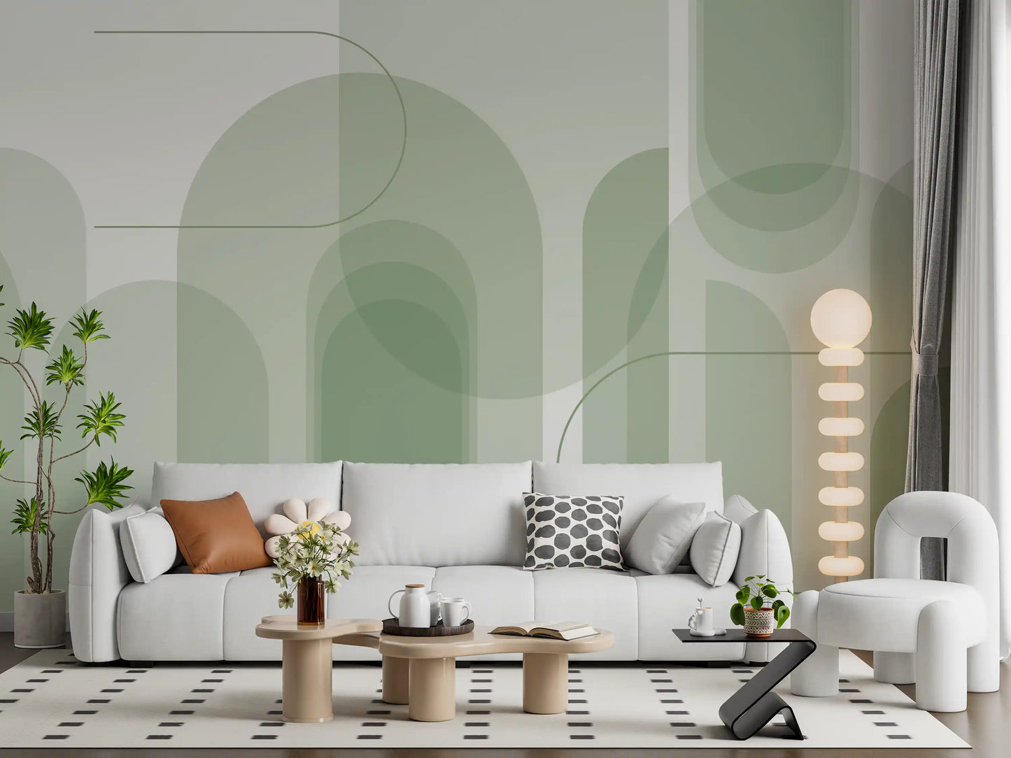 Hallway Sage Serenity wall mural with rounded arches and slim green linework
