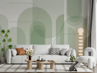 Hallway Sage Serenity wall mural with rounded arches and slim green linework
