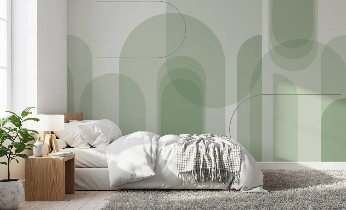 Bedroom Sage Serenity Arches mural with soft colour blocks and curved detail
