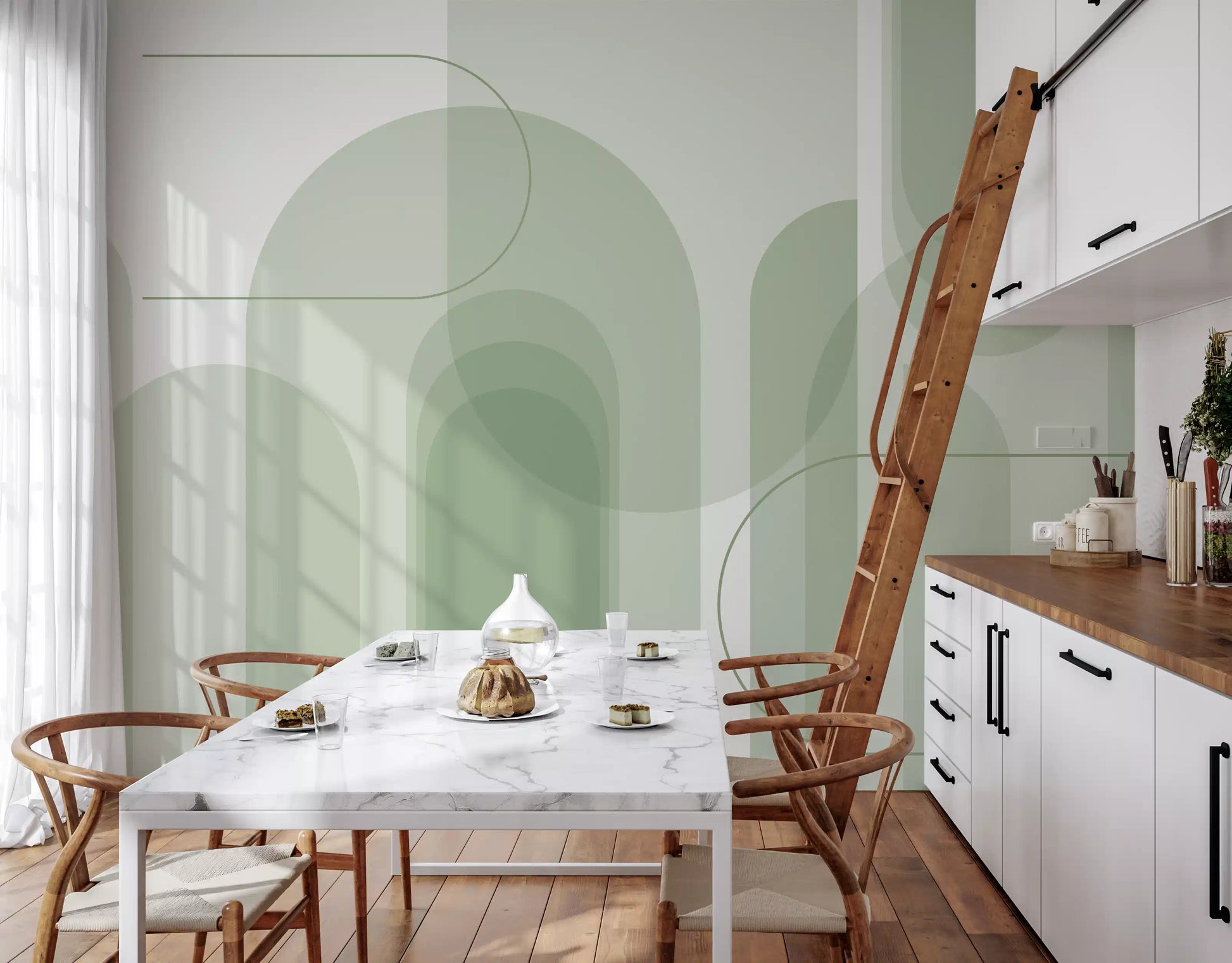 Abstract sage wall mural featuring layered panels and gentle architectural rhythm
