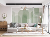 Modern green wall mural with tall arches and soft geometric surface flow
