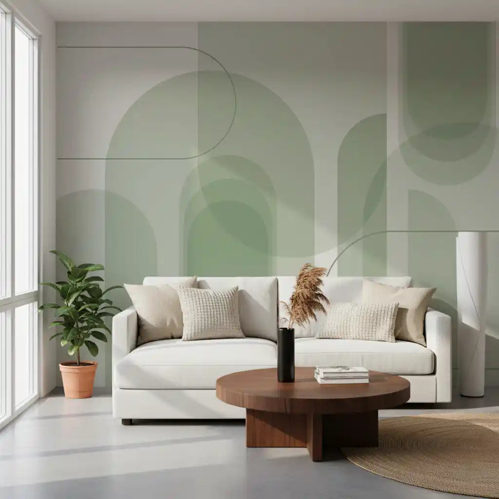 Green arch wall mural featuring translucent panels and balanced curved movement

