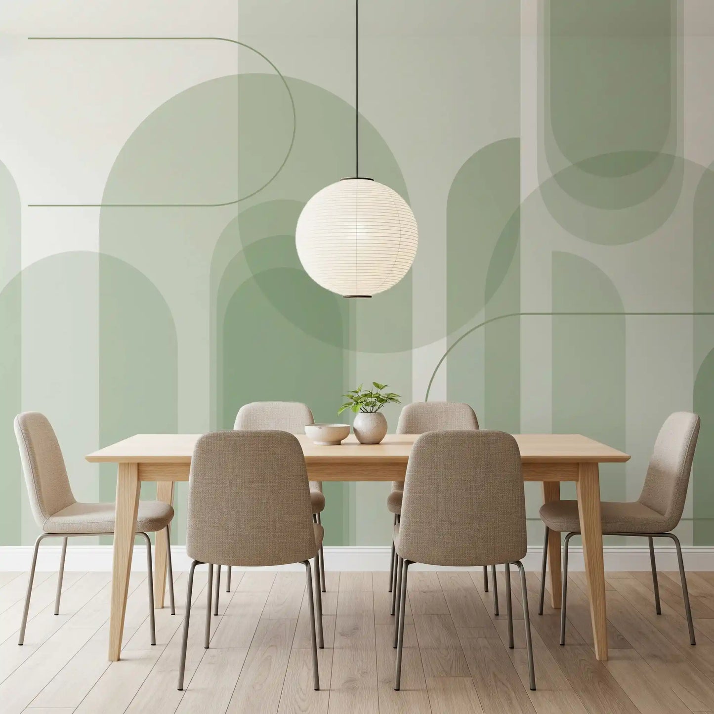 Sage wall mural design showing pale overlays, slim lines, and abstract structure
