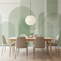 Sage wall mural design showing pale overlays, slim lines, and abstract structure
